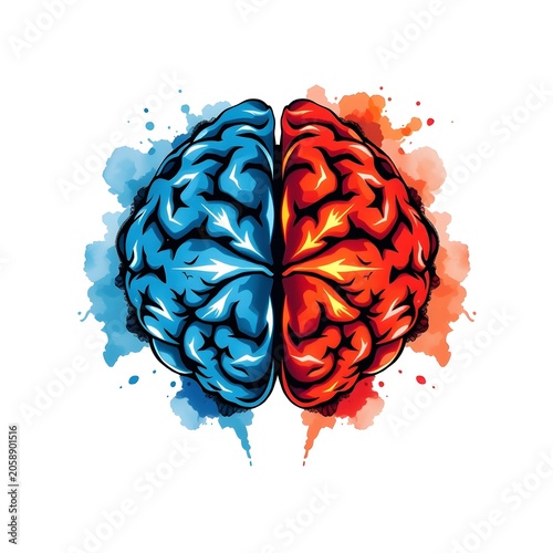 Ink Wash Illustration Glowing Brain Split Creative Logical Halves Symmetrical