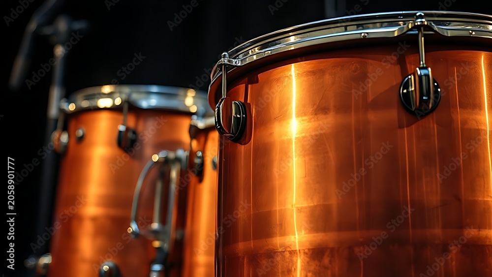 Obraz premium kettledrums. A pair of polished copper kettledrums with taut drumheads gleaming under focused stage lighting. product launch decks.