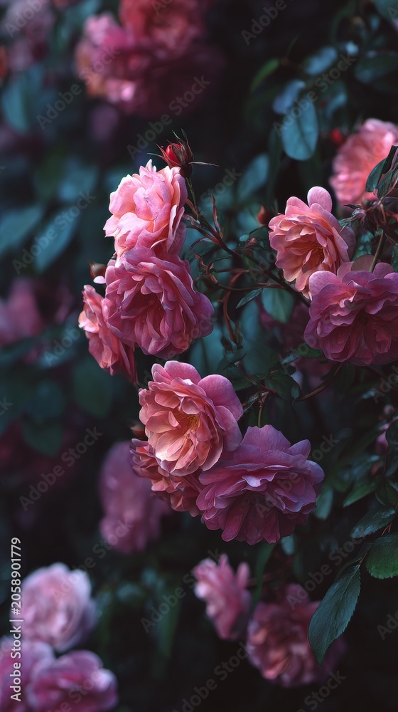 Fototapeta premium Blooming pink roses in a lush garden with dark green foliage