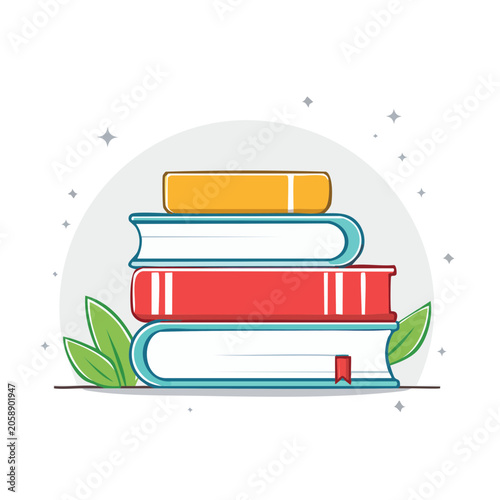 Stack of colorful books with leaves and stars