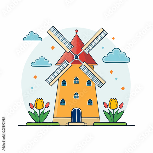 Stylized Windmill with Tulips and Clouds