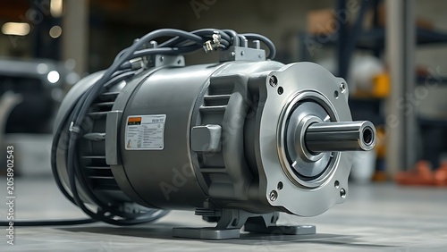 stepper. Large industrial stepper motor with metallic housing and bundled cables. safety posters, maintenance manuals, designed for precision metalworking and fabrication facilities.