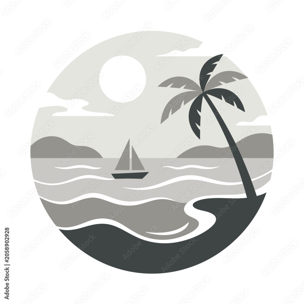 Obraz premium Circular tropical beach scene with sailboat
