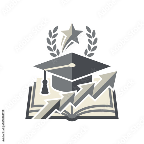 Graduation cap and star on open book with arrows.