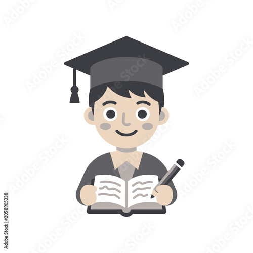 Young graduate boy holding book and pencil illustration.