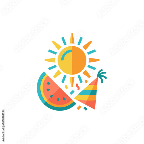 Summer celebration icons with sun and watermelon