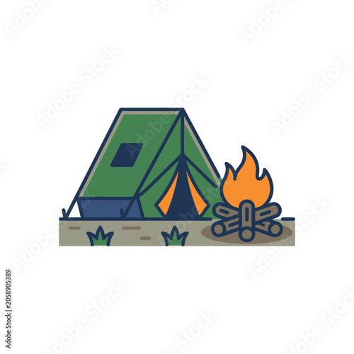 Camping tent and campfire icon.