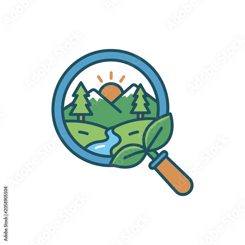 Nature discovery icon with magnifying glass over mountains.