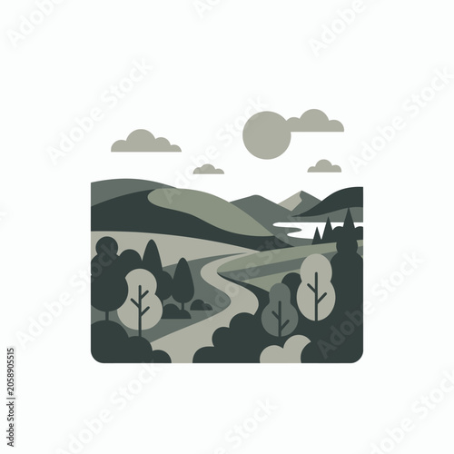 Winding road landscape with trees and distant hills.