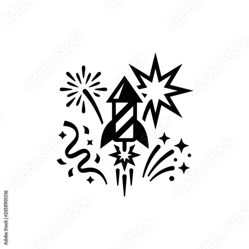 Black firework rocket and explosion icons set.