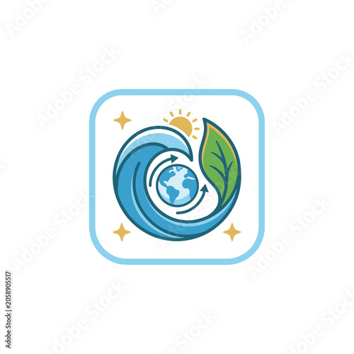 Ecology logo with globe and ocean wave.