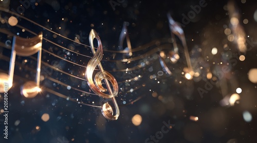 Golden musical notes floating in a dreamy abstract background