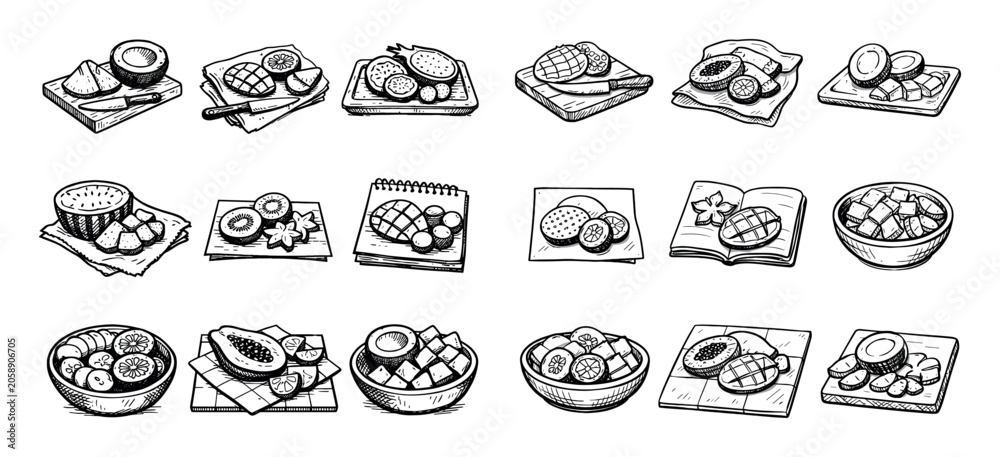 Fototapeta premium Food and fruits concept icons with kiwi, papaya and bowl for infographic design in sketch hand drawn style