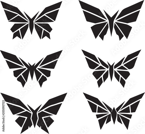 Geometric butterfly vector icons set. Abstract origami-style black-and-white butterfly silhouettes collection isolated on white background. Linear polygonal logo design elements.