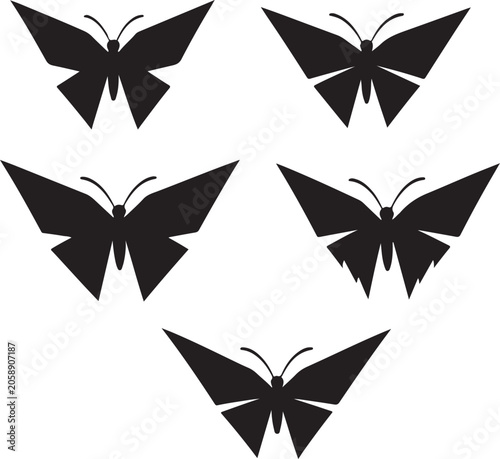 Geometric butterfly silhouettes set isolated on a white background, abstract origami-style insect vectors