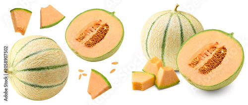 Sliced cantaloupe melon isolated on white background. clipping path