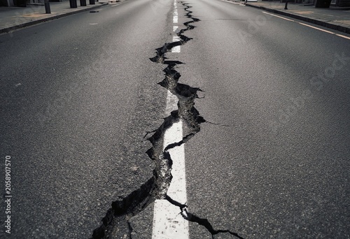Urban Street Scene Depicting the Aftermath of an Earthquake with a Jagged Crack Running Through the Asphalt