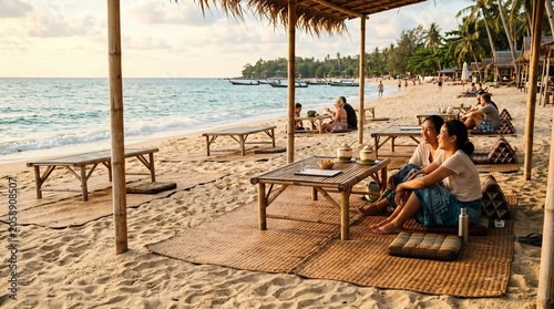 Two Happy Friends Relaxing at a Beach Bar with Coconuts at Sunset in Koh Lanta, Thailand