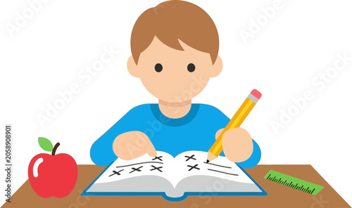 Young boy doing homework, writing in a book with pencil, apple and ruler on desk.