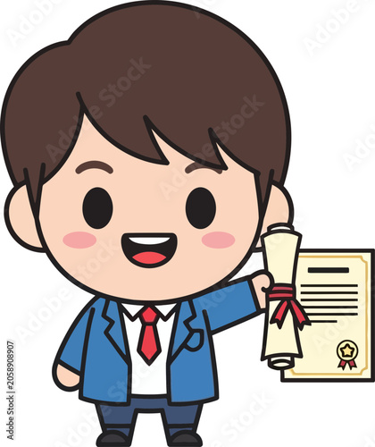 Happy Cartoon Man Holding Diploma Scroll, Graduation Achievement