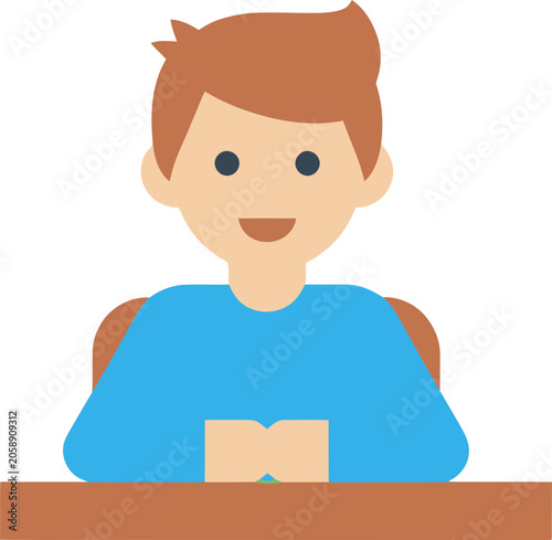 Young boy sitting at a desk, smiling, flat design illustration