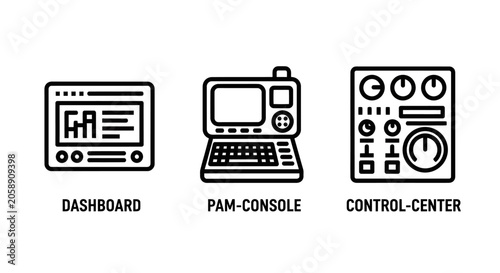 Icon set illustrating dashboard interface pam console for privileged access management control center for system administration dashboard interface administration management security