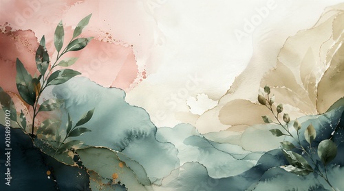 Abstract alcohol ink with botanical leaves and copy space