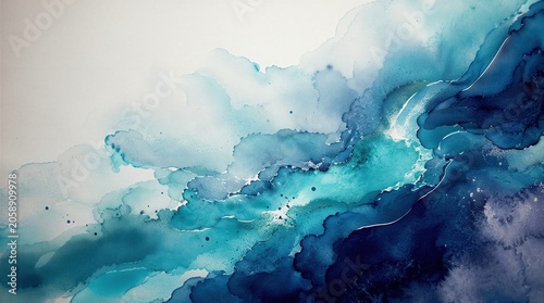 Blue alcohol ink watercolor abstract with copy space