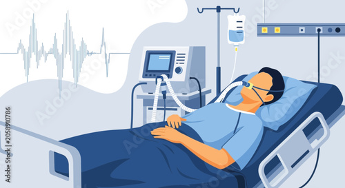 Patient on Ventilator in ICU with Cardiac Monitoring and IV Drip