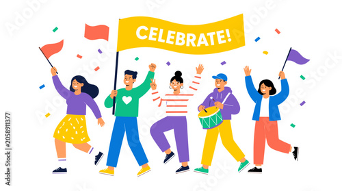 Group of people celebration dancing together with banner and confetti.