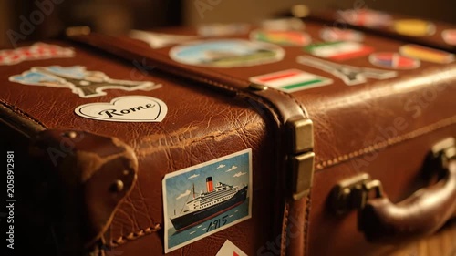 Vintage leather suitcase adorned with travel stickers from various destinations like Rome and the Eiffel Tower inspiring adventure