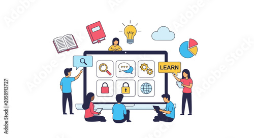 Online Learning Concept with People Collaborating Around a Digital Screen
