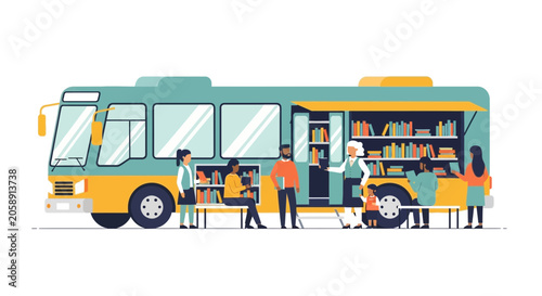 Mobile Library Bus with People Reading and Browsing Books
