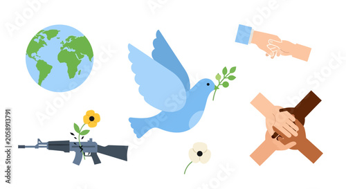 Konstfotografi Peace and Unity Symbols: Dove, Earth, Hands, Gun to Flower