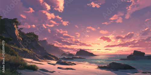 Obraz na płótnie Sunset over mountains and sea with colorful sky and ocean horizon