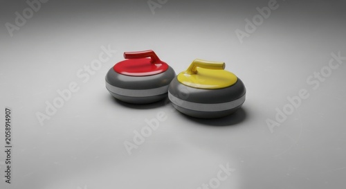 Curling stones in red and yellow on a neutral background  