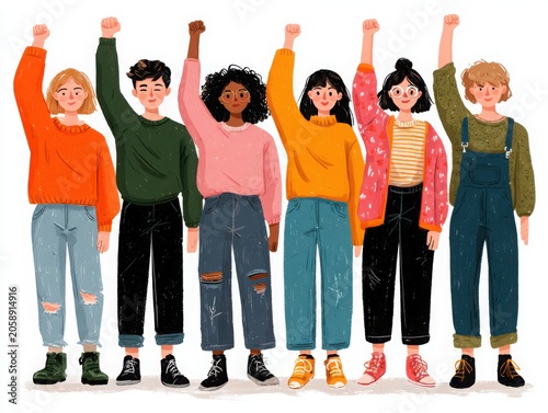 Group of diverse youth standing with raised fists in solidarity  