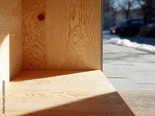 Minimalist wooden interior with sunlight casting shadows on floor  