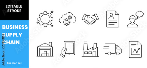 Business supply chain editable stroke line icon set