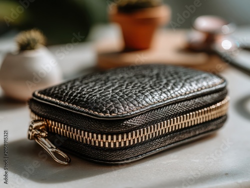 Black leather wallet with zipper on a marble table with decor  