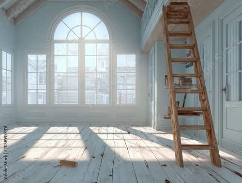Bright empty room with wooden ladder and large windows in daylight  