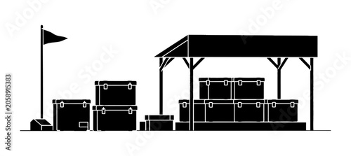 Quadro su tela Black silhouette of military camp supply depot with storage boxes, canopy shelte