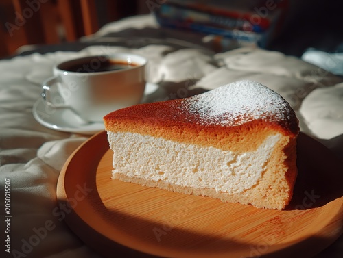 Japanese fluffy cheesecake slice on wooden plate with coffee cup  