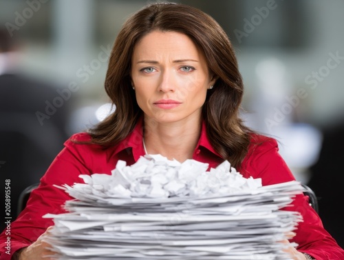 Stressed woman in red shirt sitting at desk overwhelmed by paperwork  