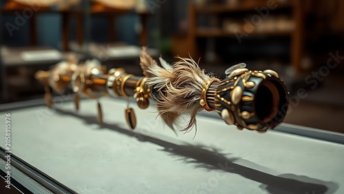 blowpipe. Ornate ceremonial blowpipe with feathers and shells, museum cultural display. event programs, museum guides, designed for cultural heritage projects and event programs.