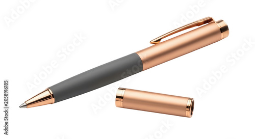 Rose gold pen with gray grip and cap