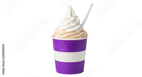 Swirl soft serve ice cream in purple cup 1