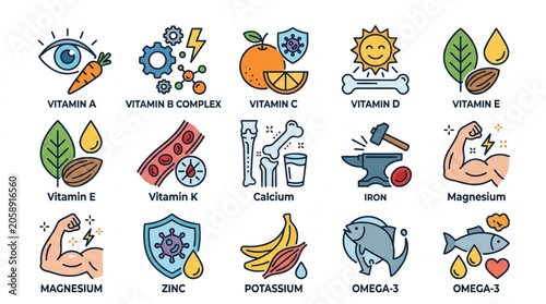 Collection of Vitamins Minerals and Nutrients Icons.