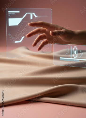 Draped beige fabric with soft folds below a hand interacting with virtual holographic interfaces for futuristic product branding, digital innovation and tech marketing