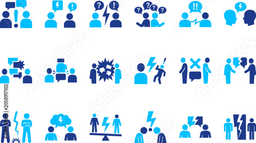 Schilderij op canvas Collection of blue icons illustrating communication conflict argument and disagreement vector art